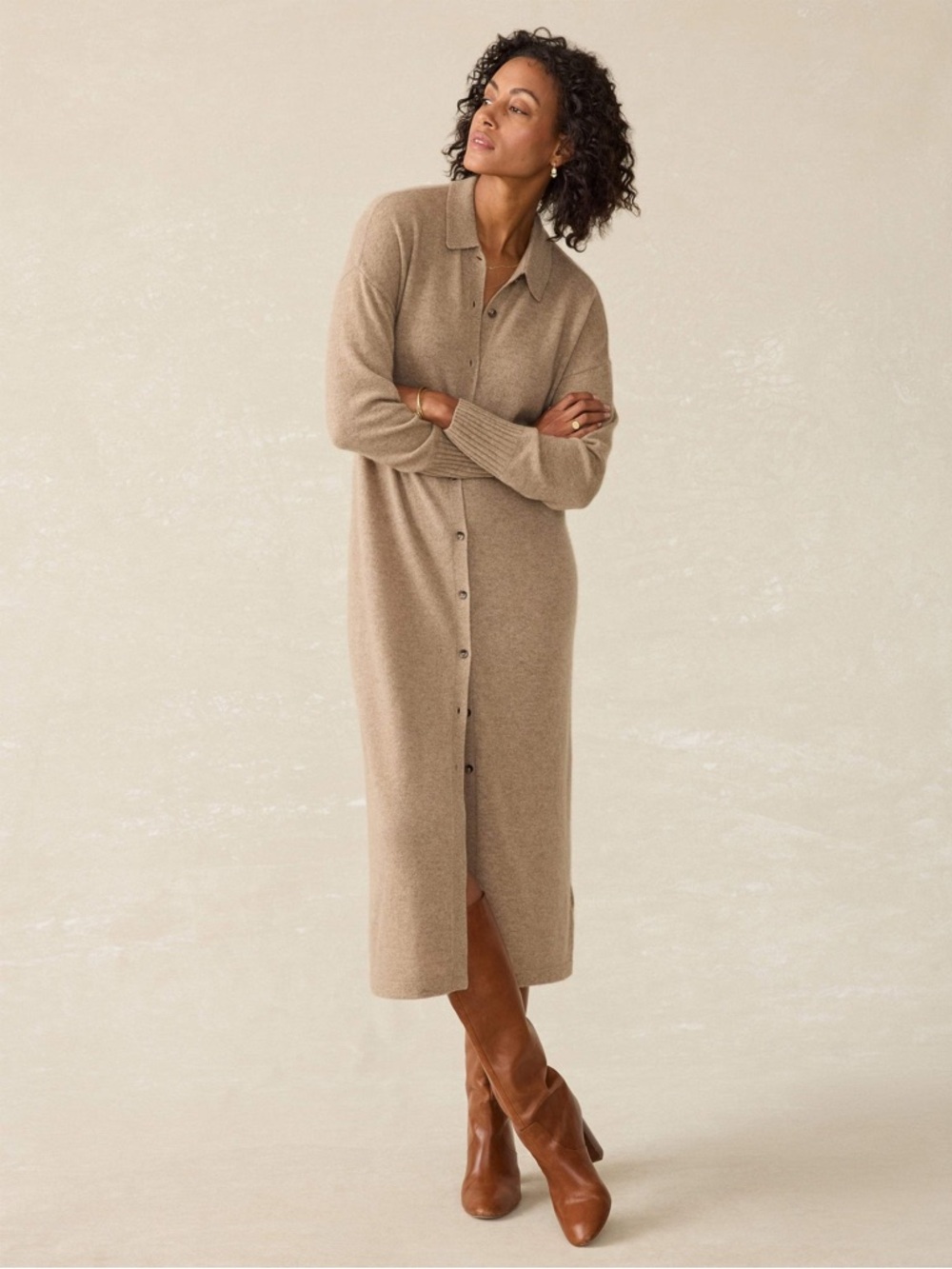 Faherty Women's Coastal Cashmere Maxi Long Button-Front ShirtDress in Driftwood